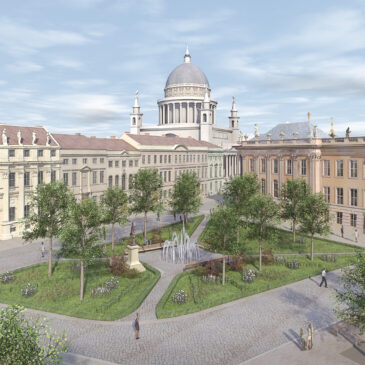 Der neue Steubenplatz mit viel Grün und Wasser und dem Steubendenkmal